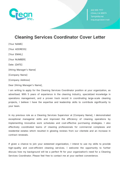 Free Cleaning Services Coordinator Cover Letter Template to Edit Online