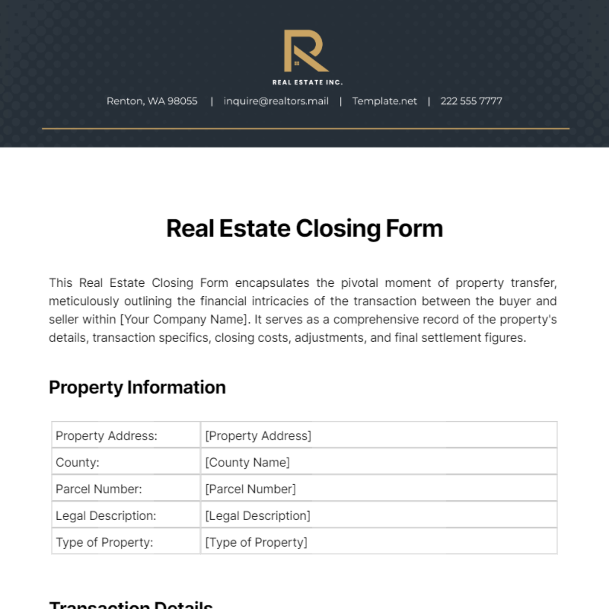 Real Estate Closing Form Template