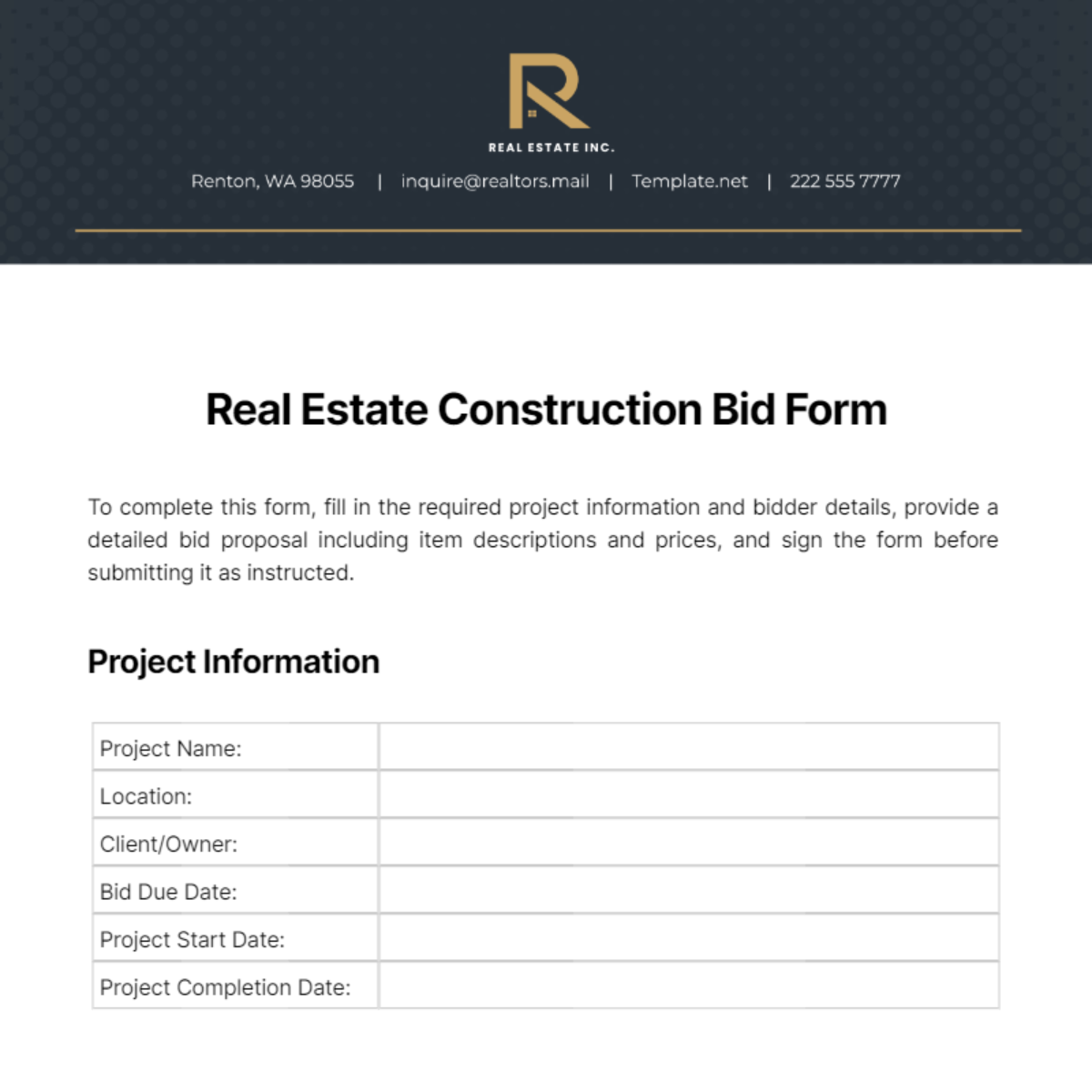 Real Estate Construction Bid Form Template