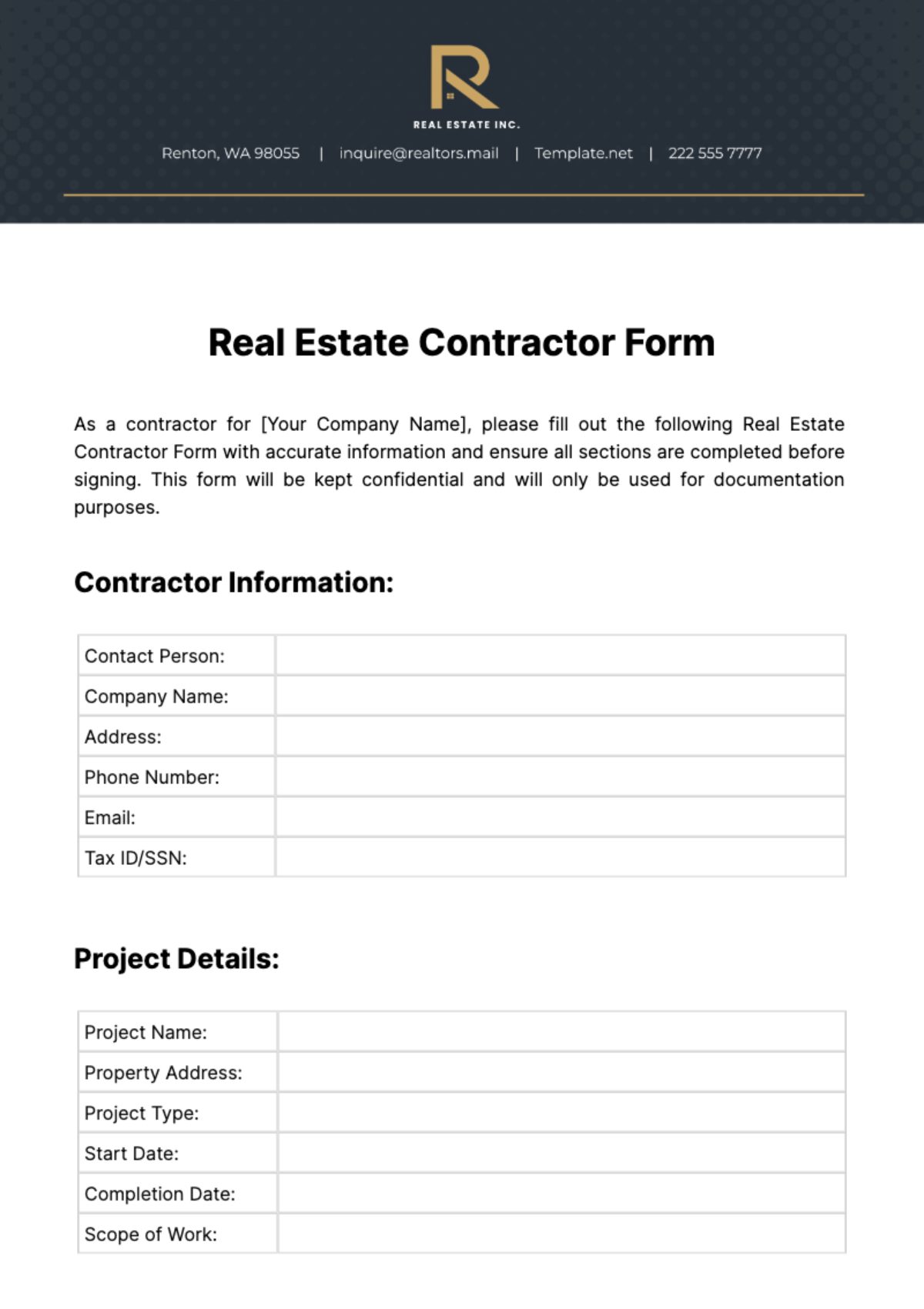 Free Real Estate Contractor Form Template