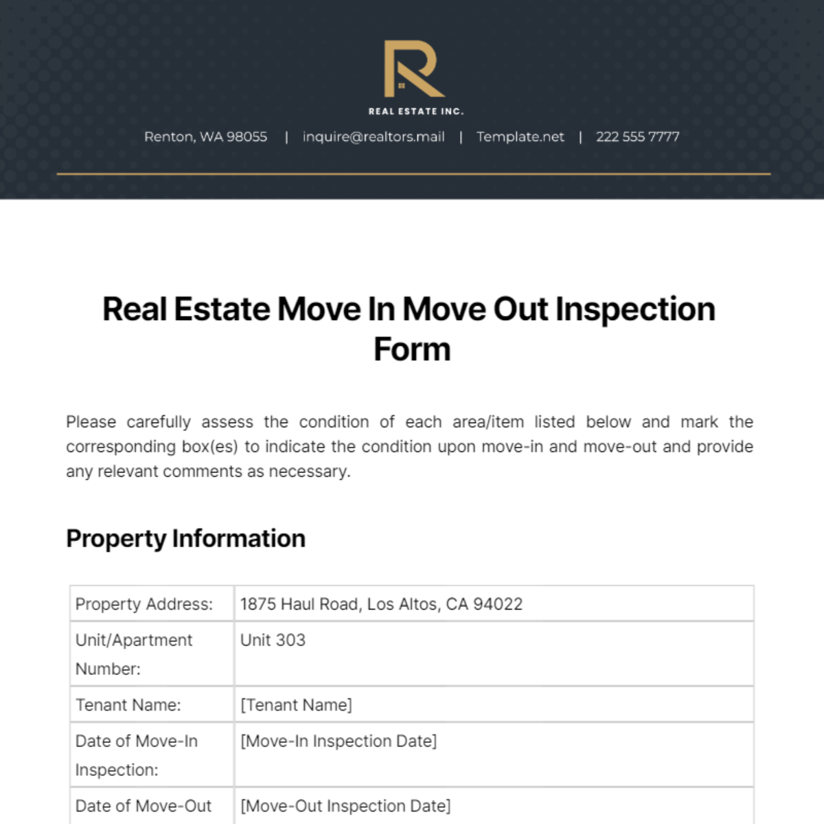 Real Estate Move In Move Out Inspection Form Template