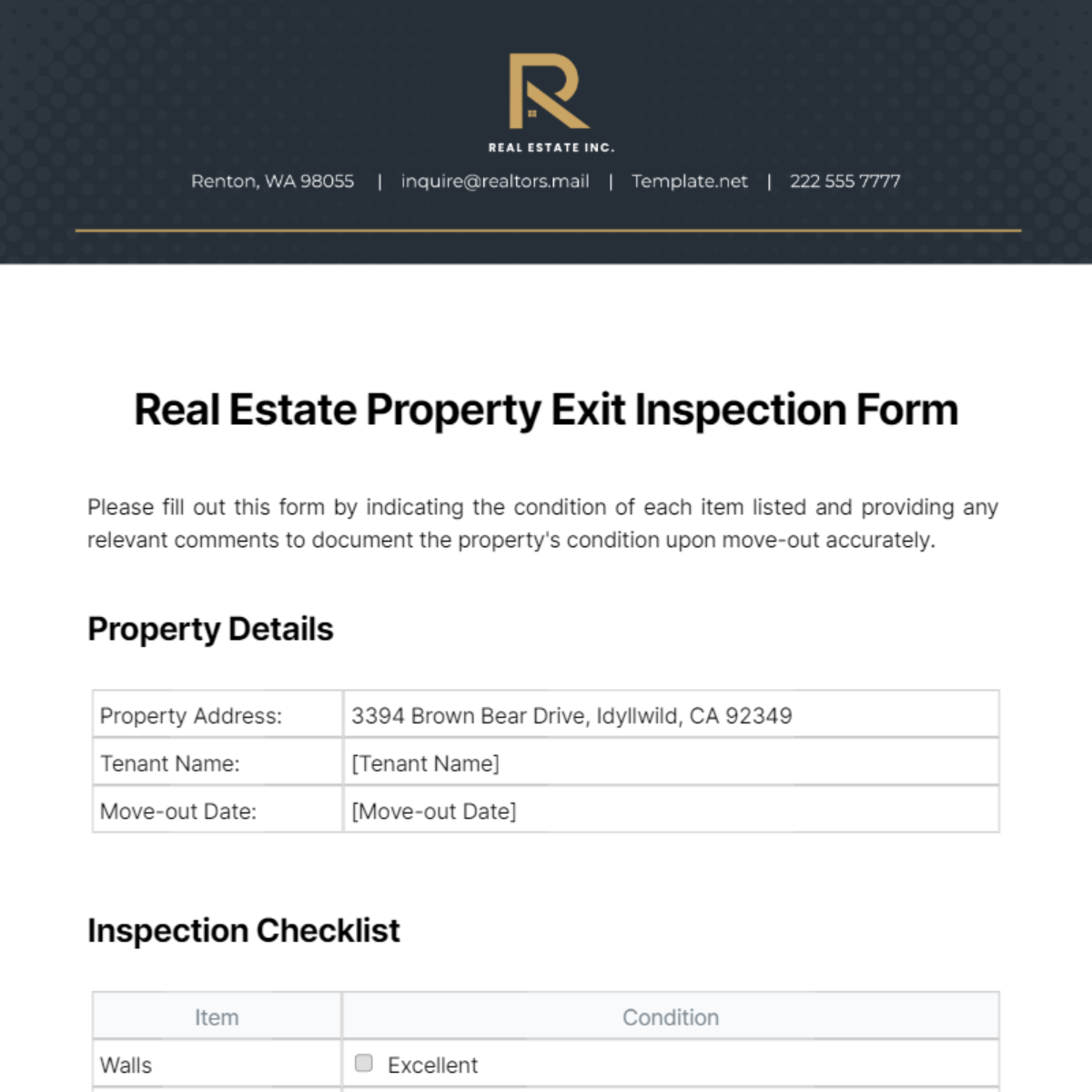 Real Estate Property Exit Inspection Form Template