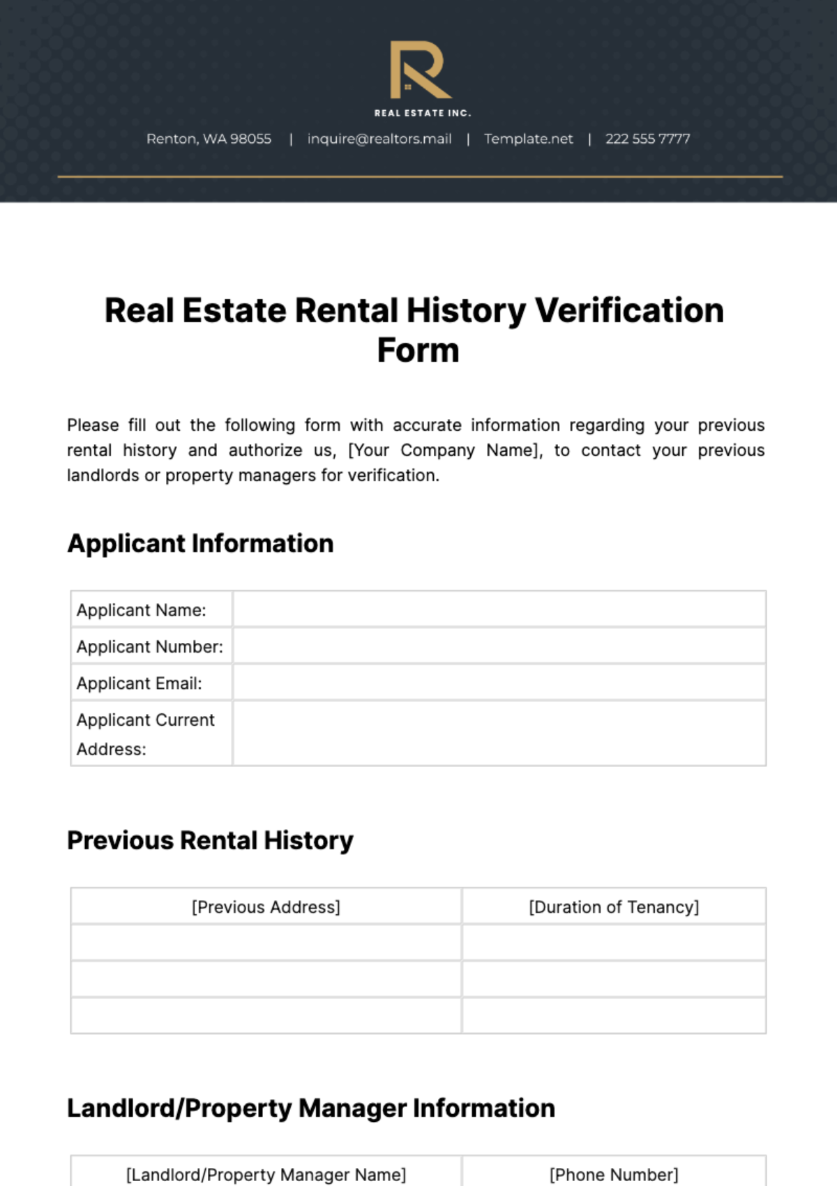 Free Real Estate Rental History Verification Form Template
