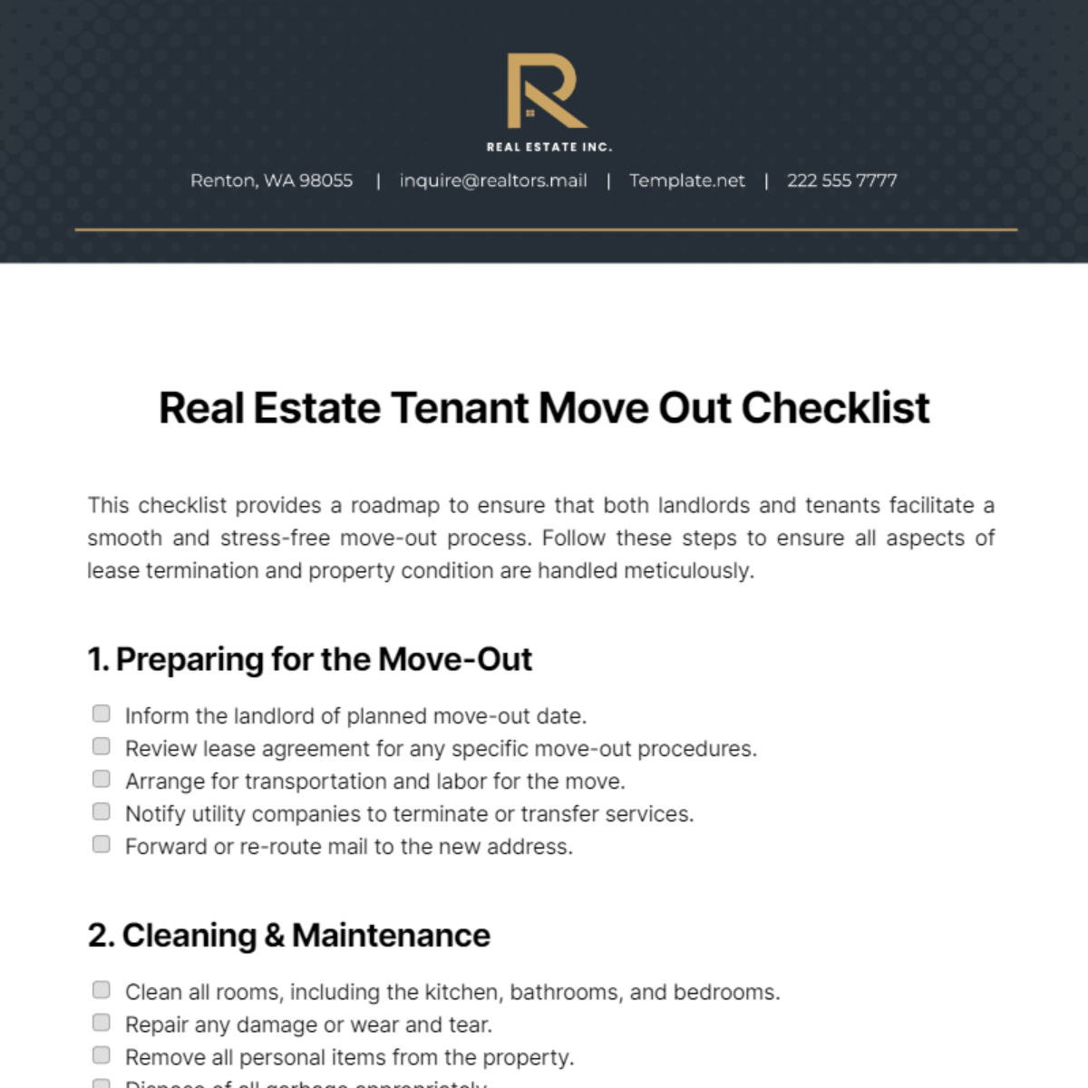 Free Real Estate Tenant Move Out Checklist Template