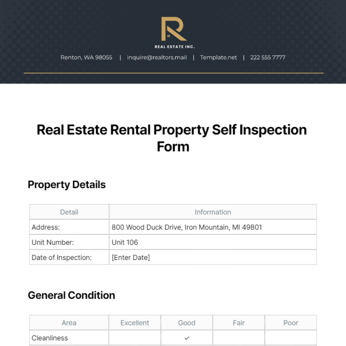 Real Estate Rental Property Self Inspection Form Template