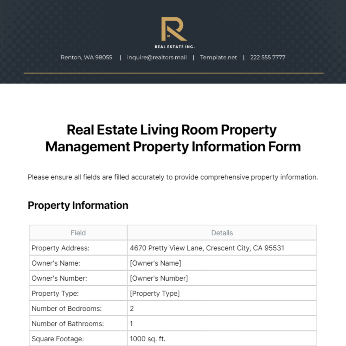 Free Real Estate Living Room Property Management Property Information Form Template