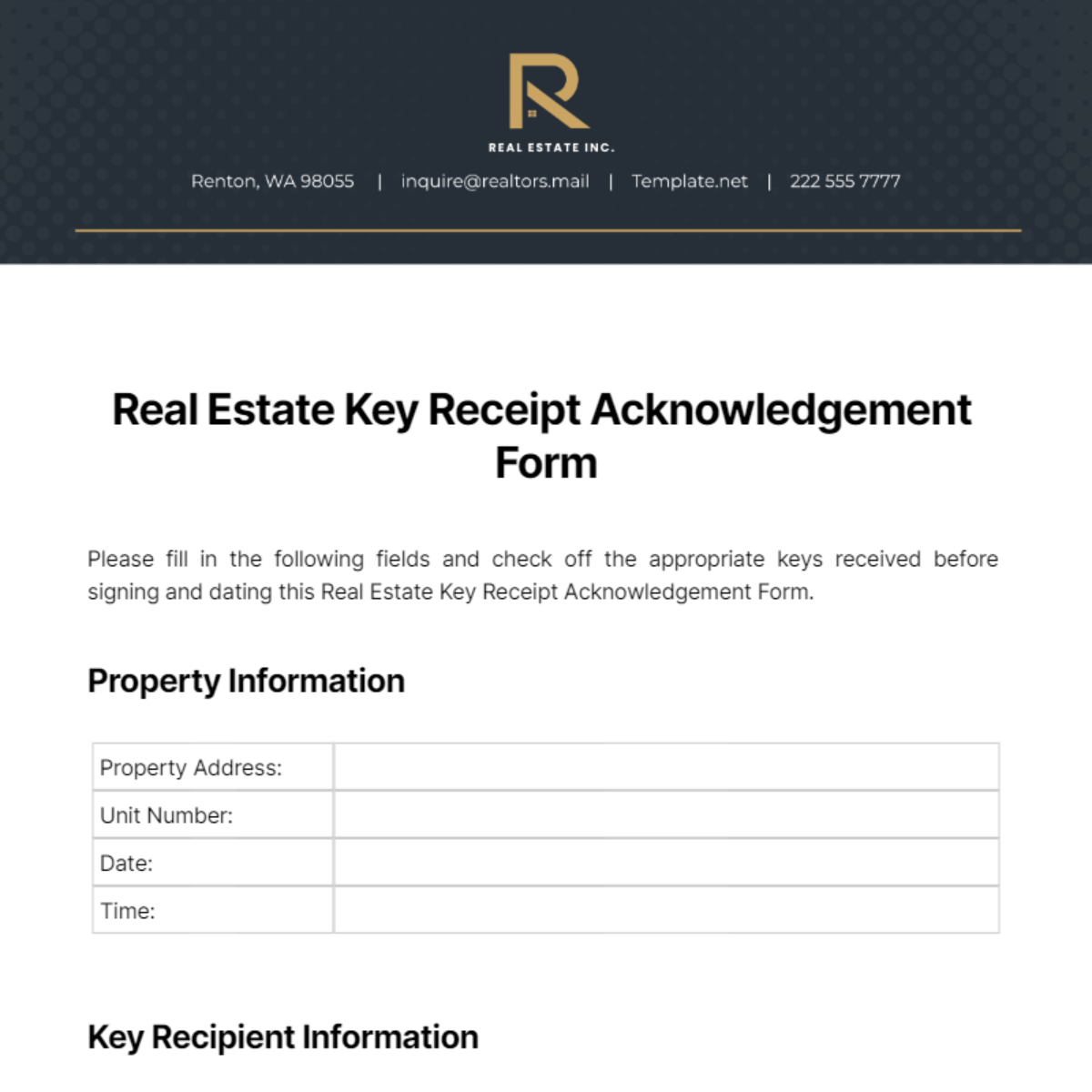 Real Estate Key Receipt Acknowledgement Form Template