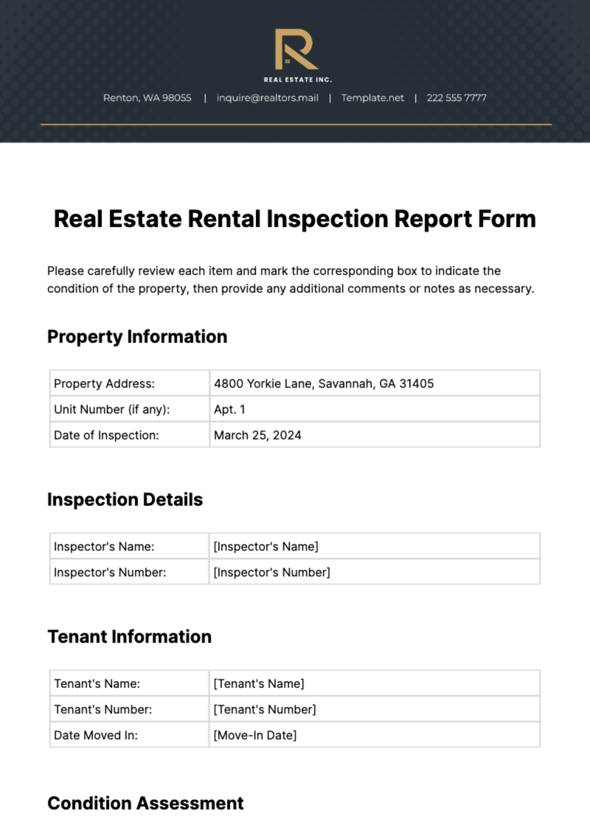 Real Estate Rental Inspection Report Form Template