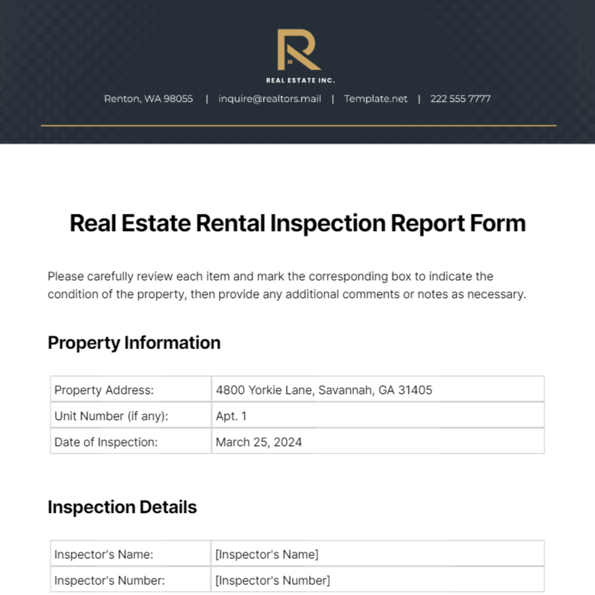 Real Estate Rental Inspection Report Form Template - Download 