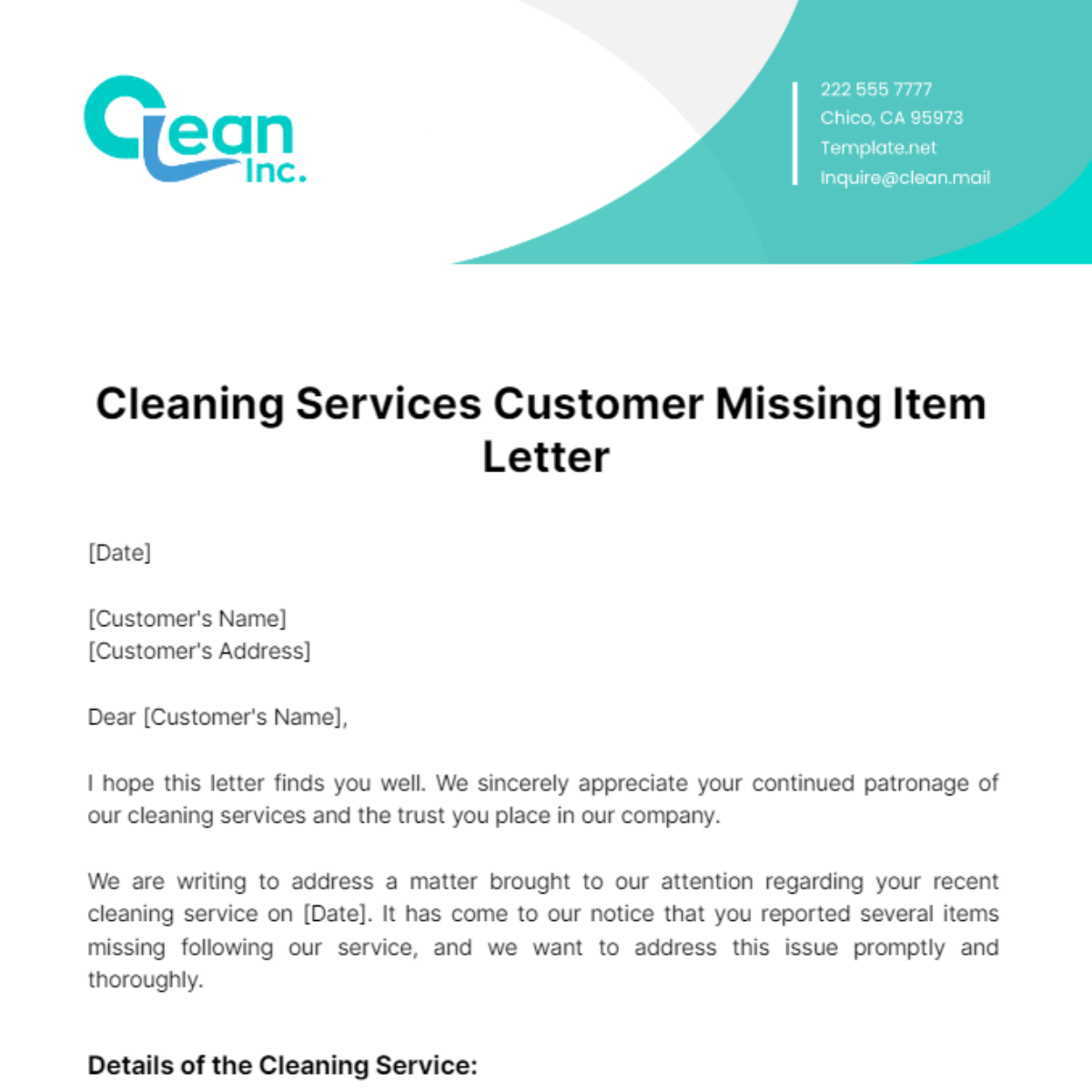 Free Cleaning Services Customer Missing Item Letter Template
