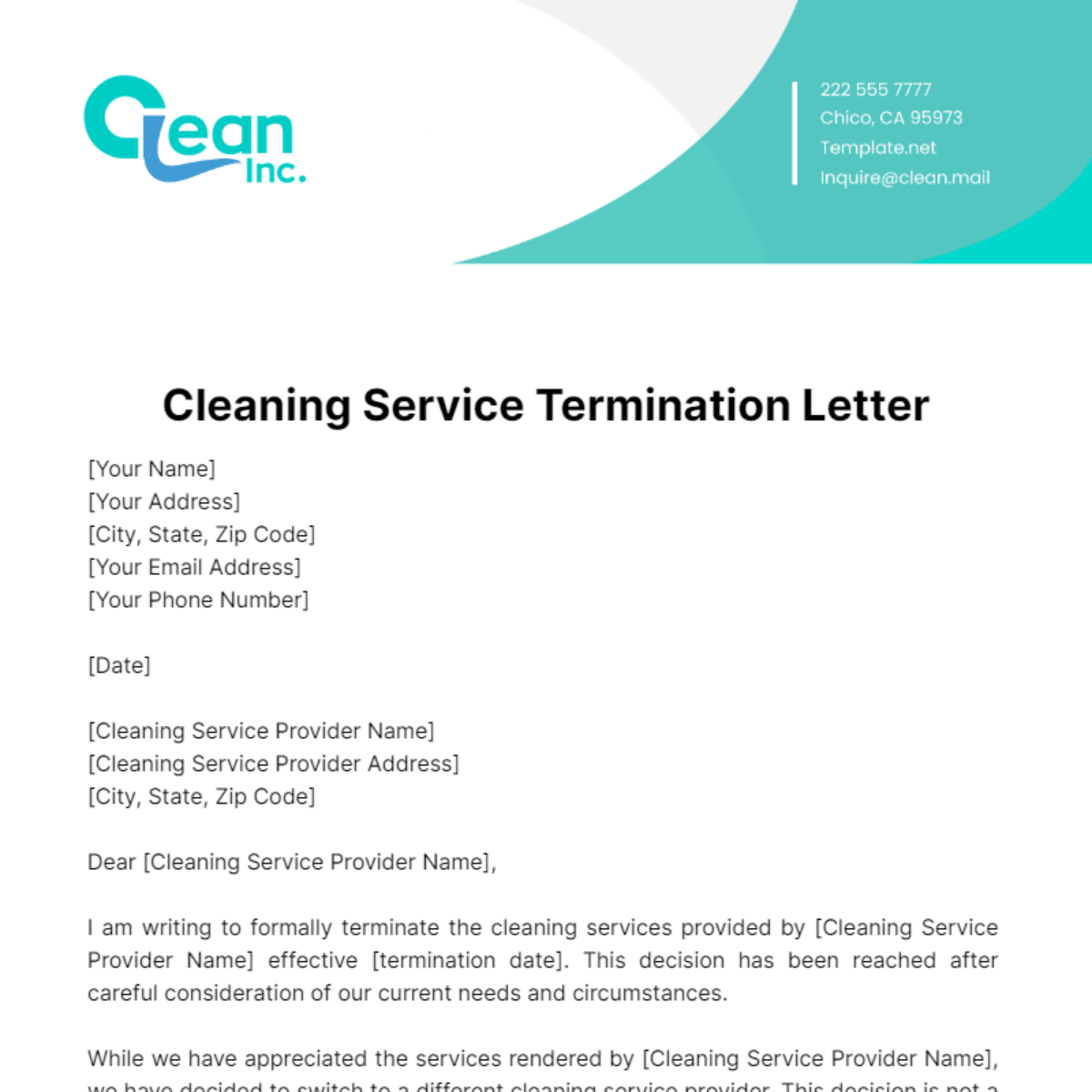 Free Cleaning Service Termination Letter Template