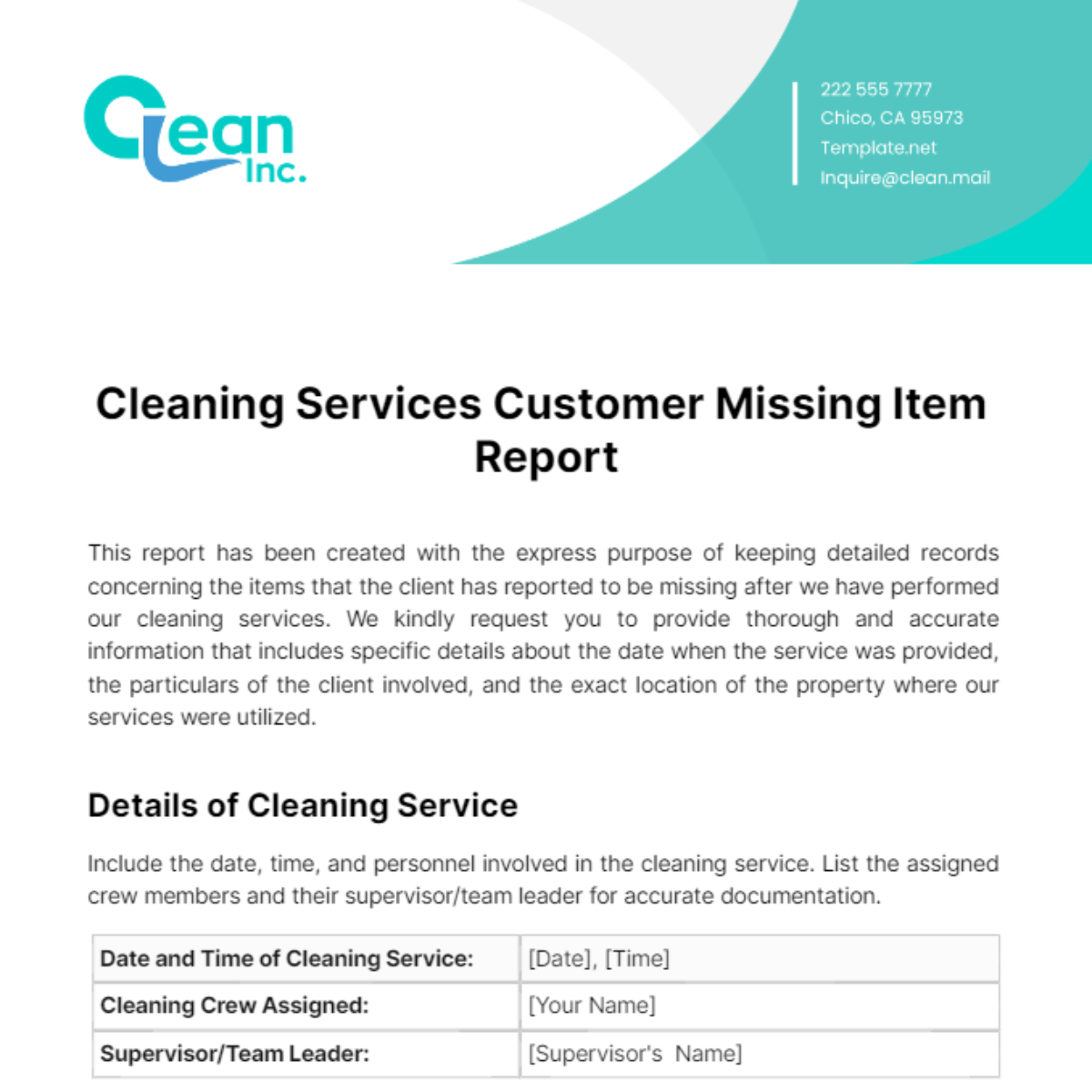 Free Cleaning Services Customer Missing Item Report Template