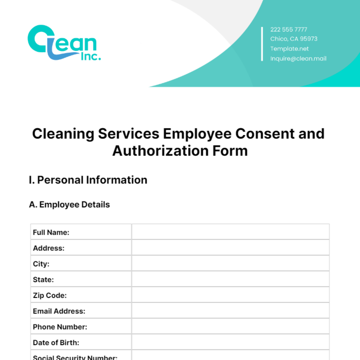 Free Cleaning Services Employee Consent and Authorization Form Template