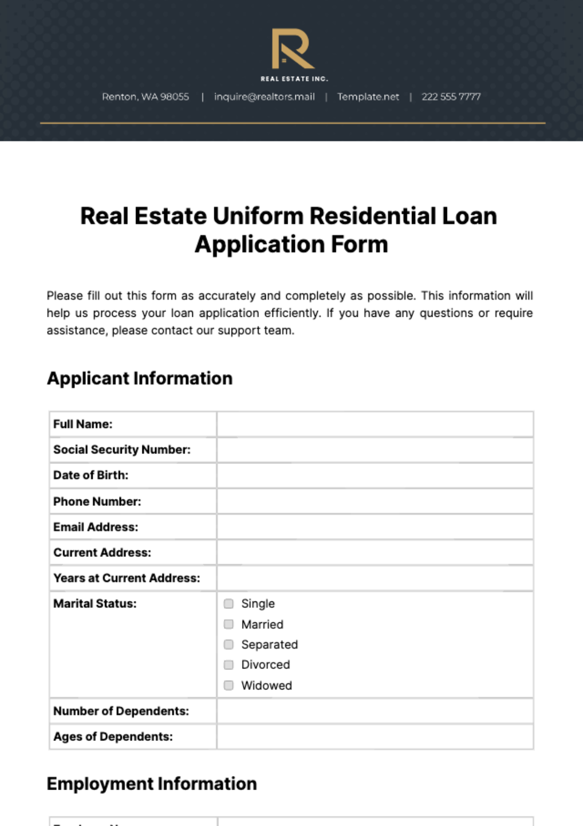 Real Estate Uniform Residential Loan Application Form Template