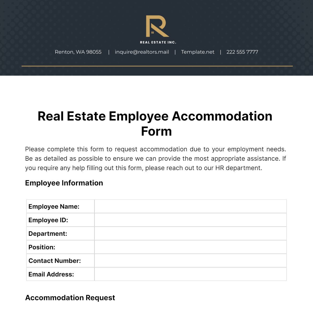 Free Real Estate Employee Accommodation Form Template