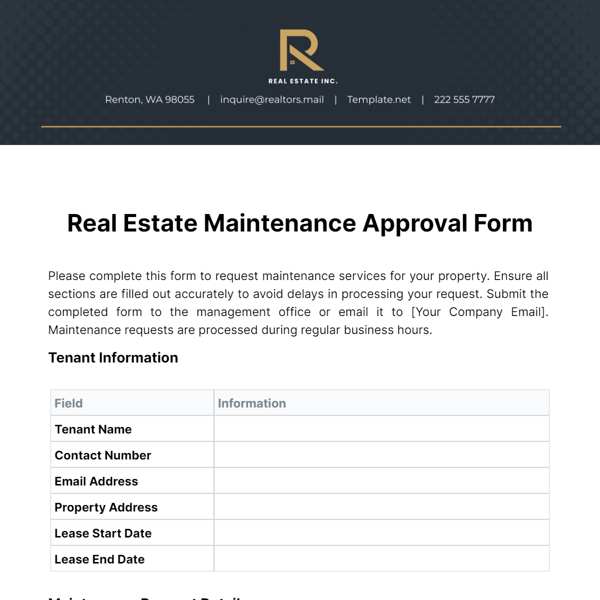 Real Estate Maintenance Approval Form Template
