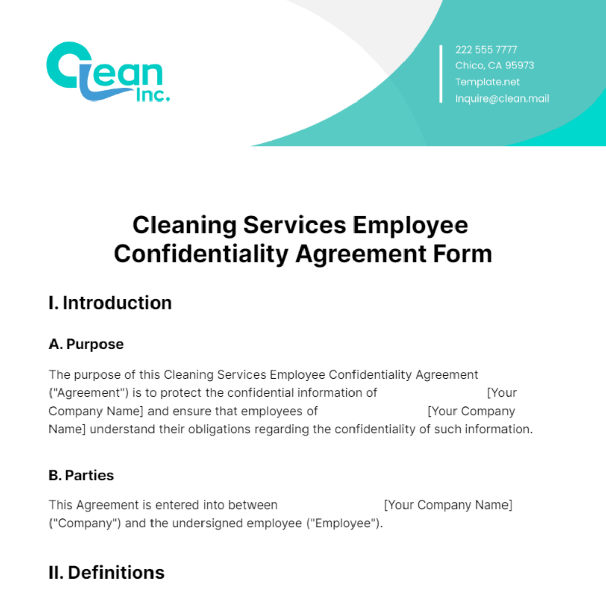 Free Cleaning Services Employee Confidentiality Agreement Form Template