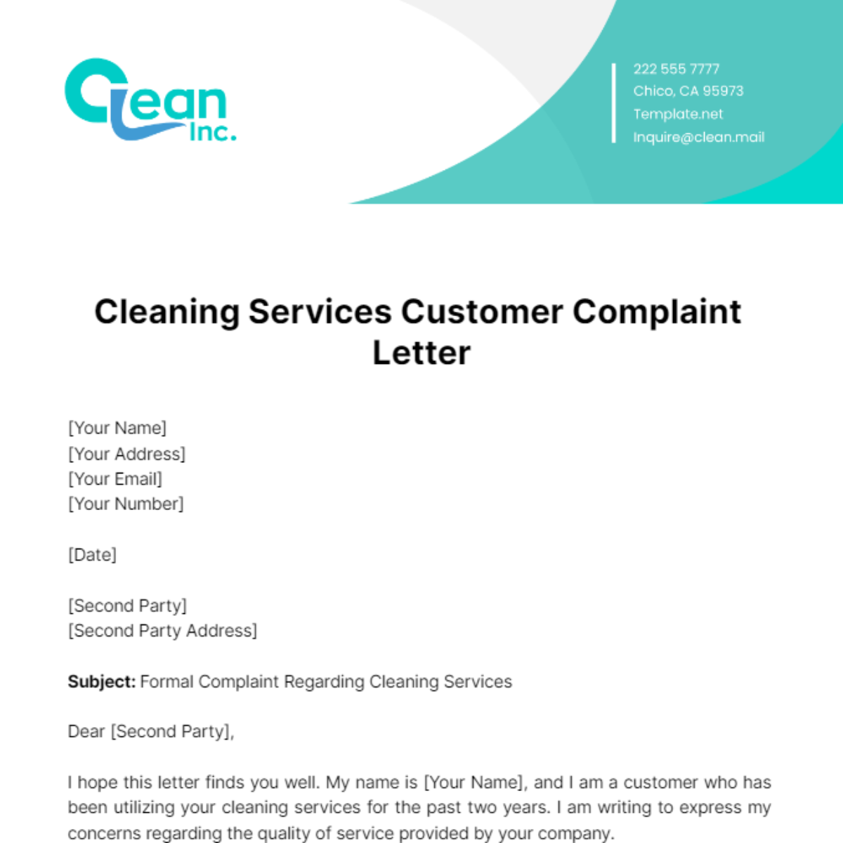 Free Cleaning Services Customer Complaint Letter Template