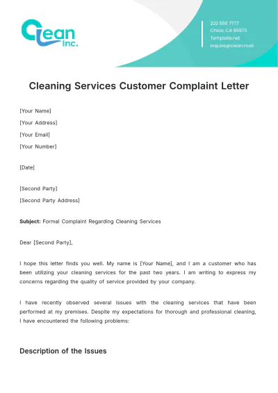 Free Cleaning Services Customer Complaint Letter Template to Edit Online