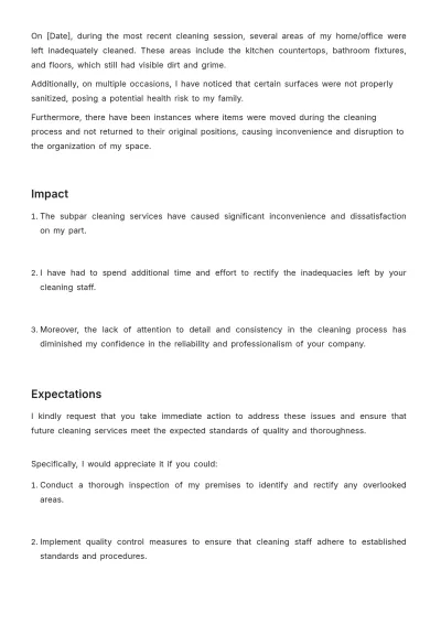 Free Cleaning Services Customer Complaint Letter Template to Edit Online
