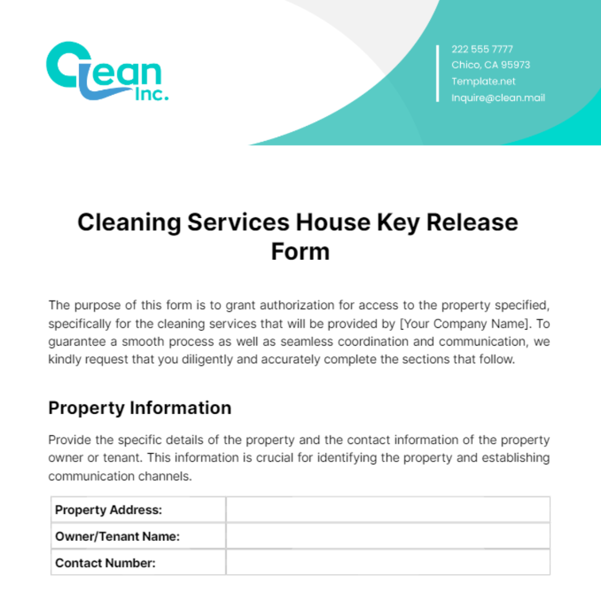 Cleaning Services House Key Release Form Template