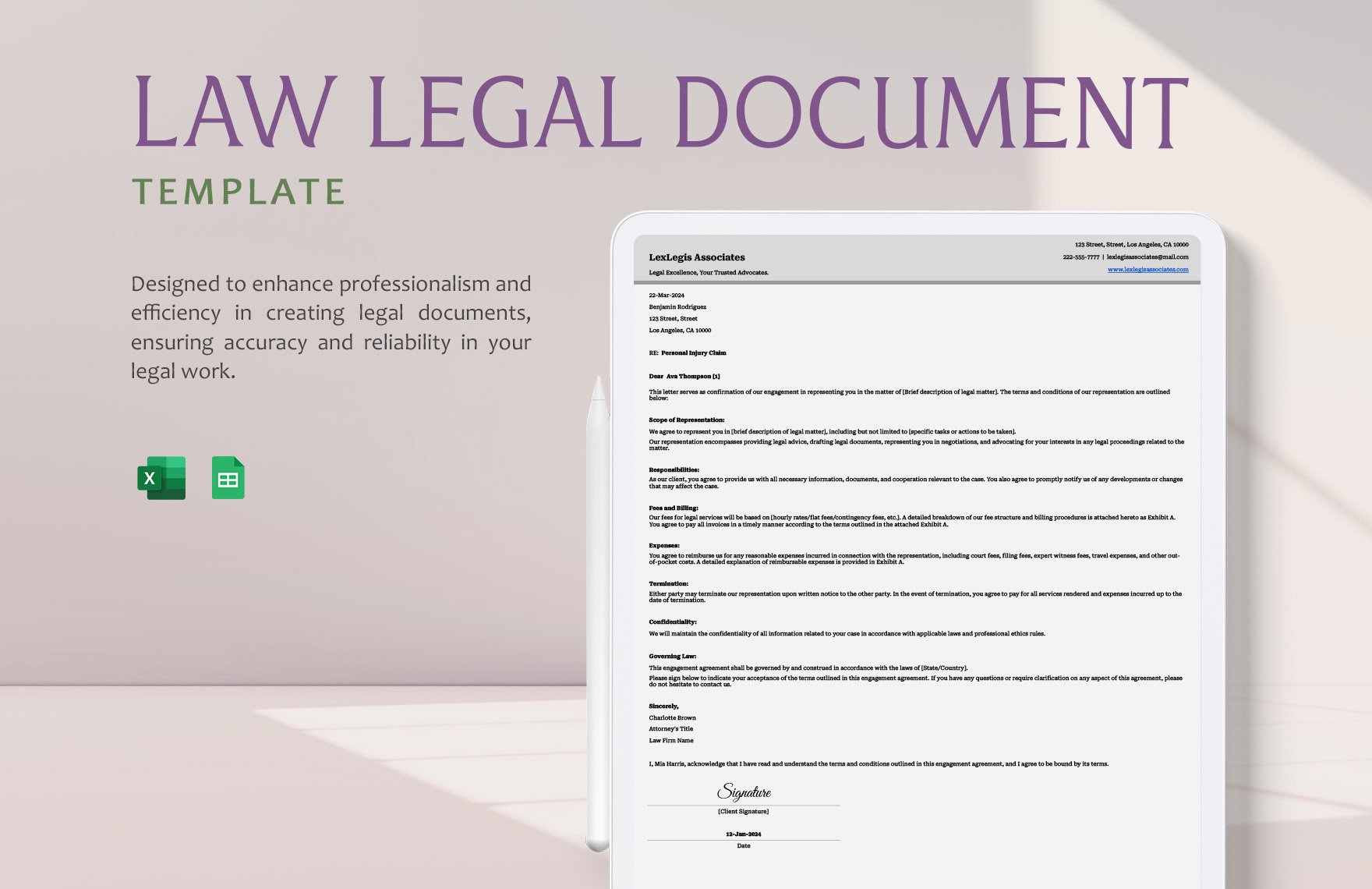 Law Legal Document Template in Excel, Google Sheets