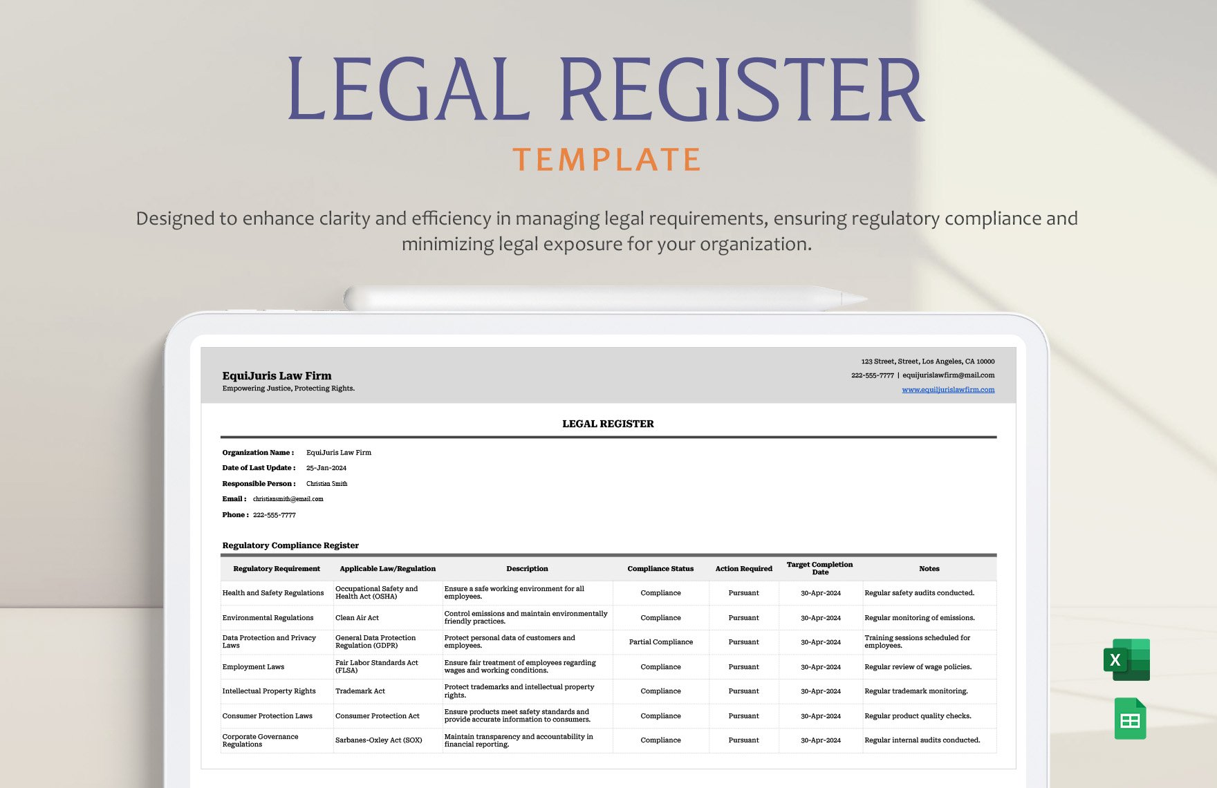 Legal Register Template in Excel, Google Sheets