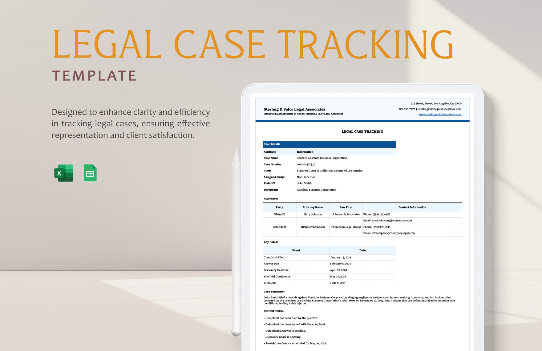 Legal Case Tracking Template in Excel, Google Sheets