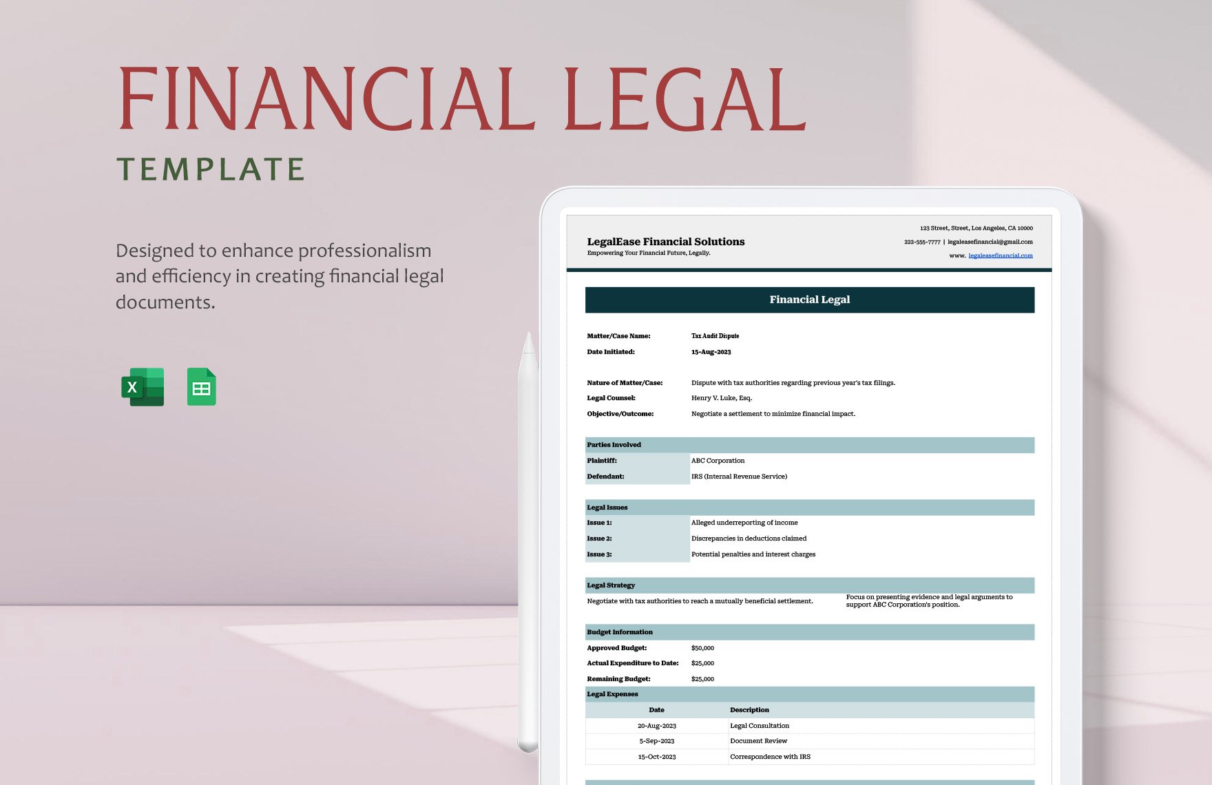 Financial Legal Template in Excel, Google Sheets