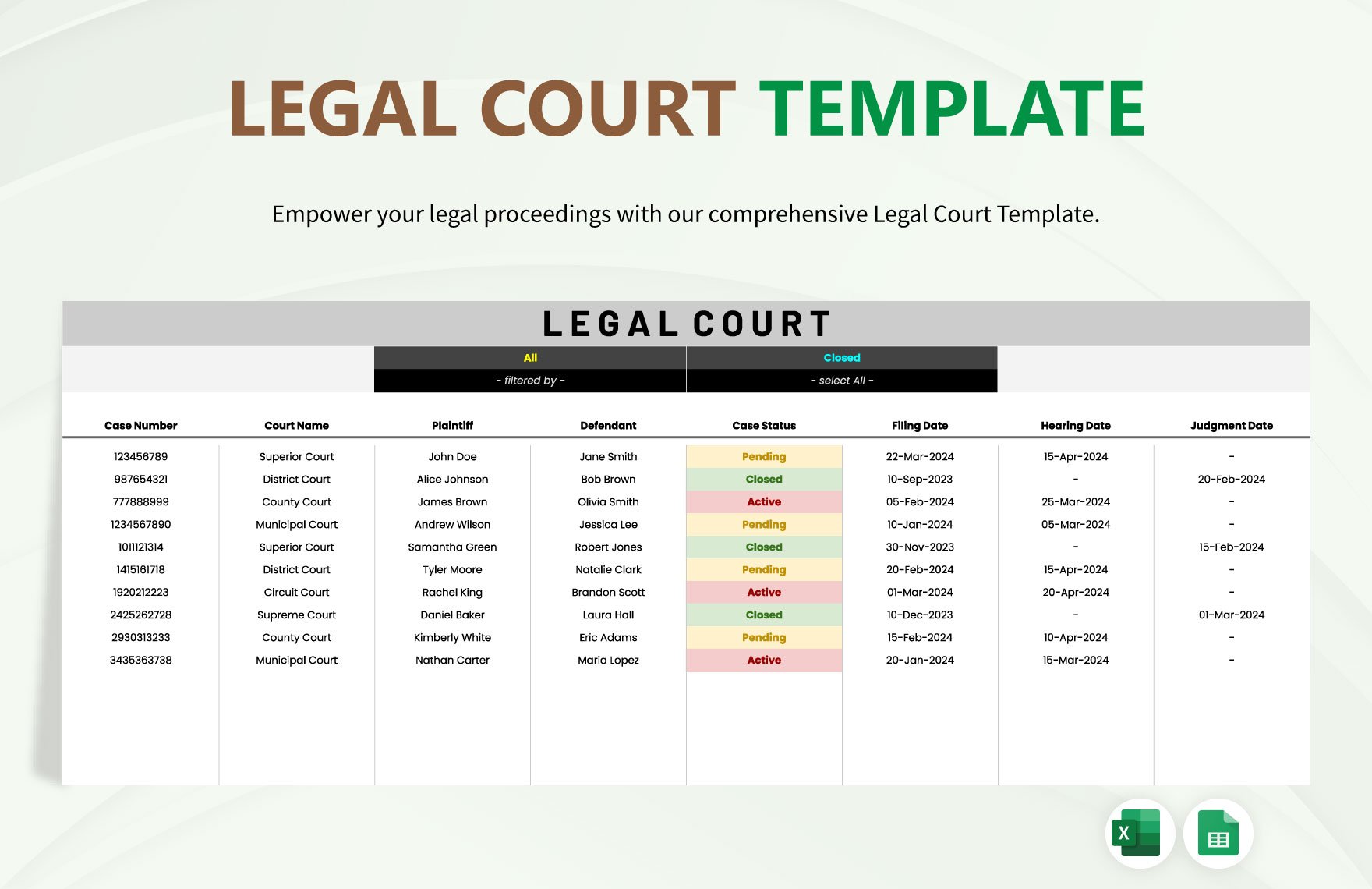 Legal Court Template in Excel, Google Sheets