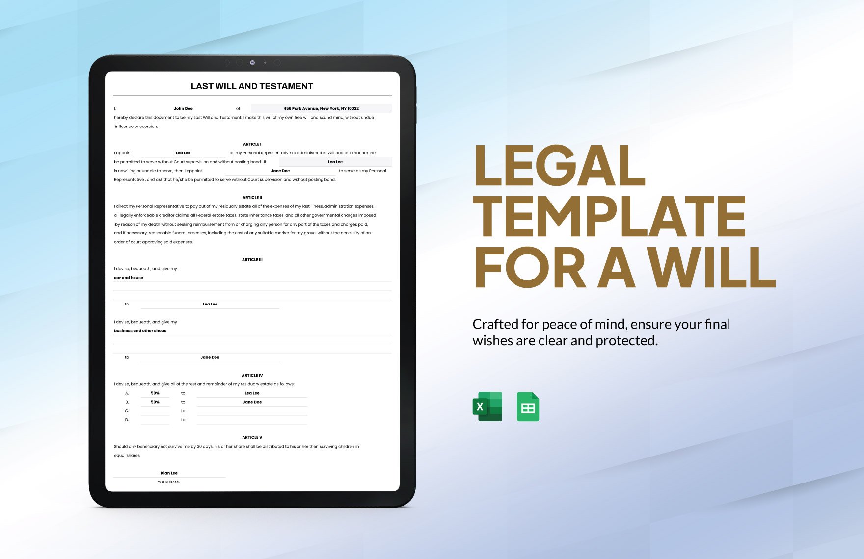 Legal Template for a Will in Excel, Google Sheets