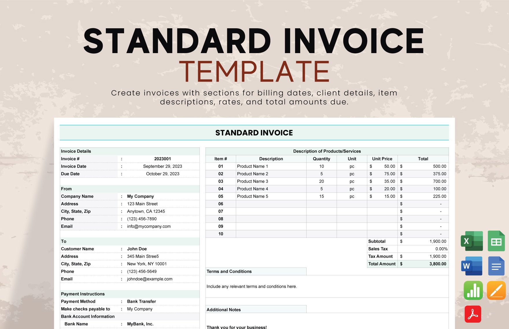 Standard Invoice Template in Google Docs, Apple Pages, PDF, Word, Apple Numbers, Excel, Google Sheets - Download | Template.net