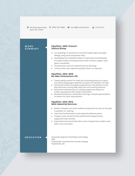 Free Pipefitter Resume Template - Word, Apple Pages | Template.net