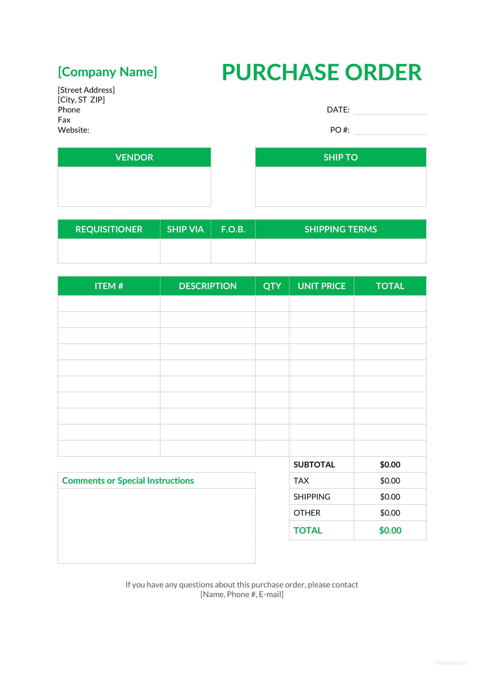 po template free excel