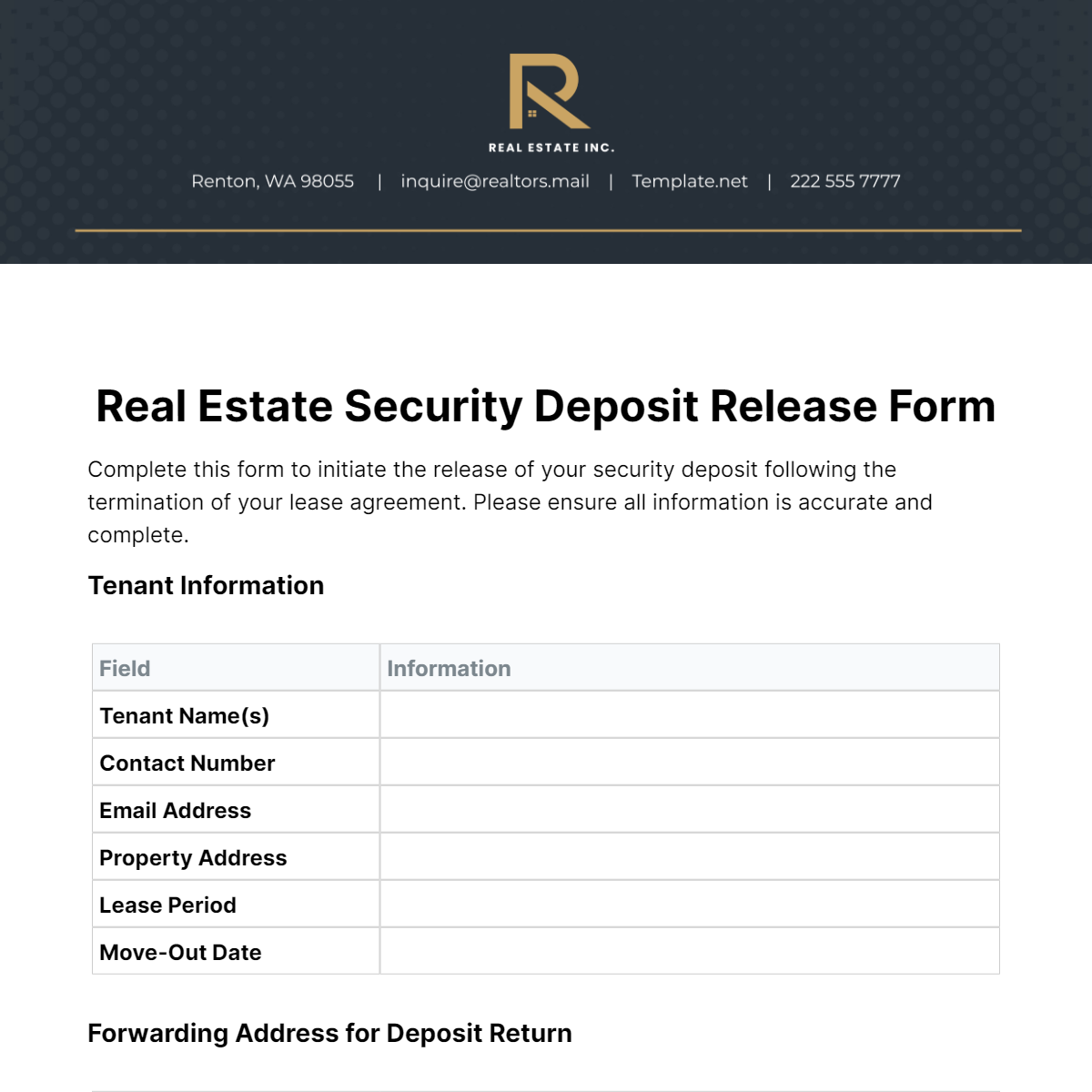 Real Estate Security Deposit Release Form Template