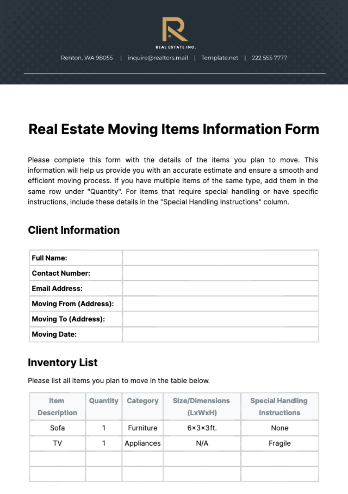 Real Estate Moving Items Information Form Template
