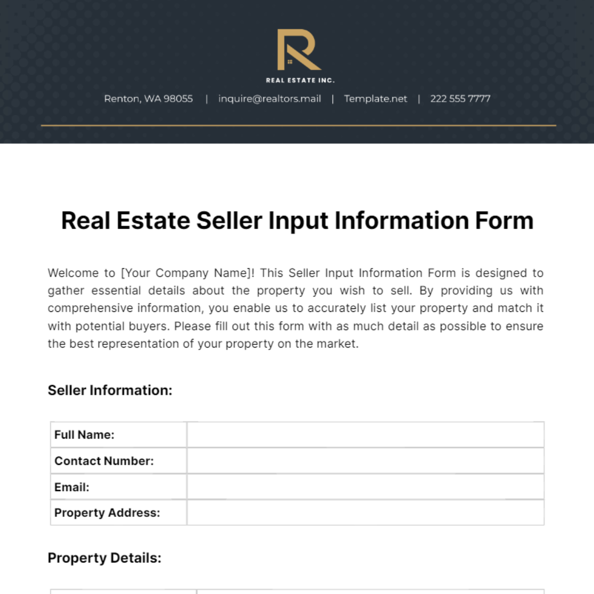 Free Real Estate Seller Input Information Form Template