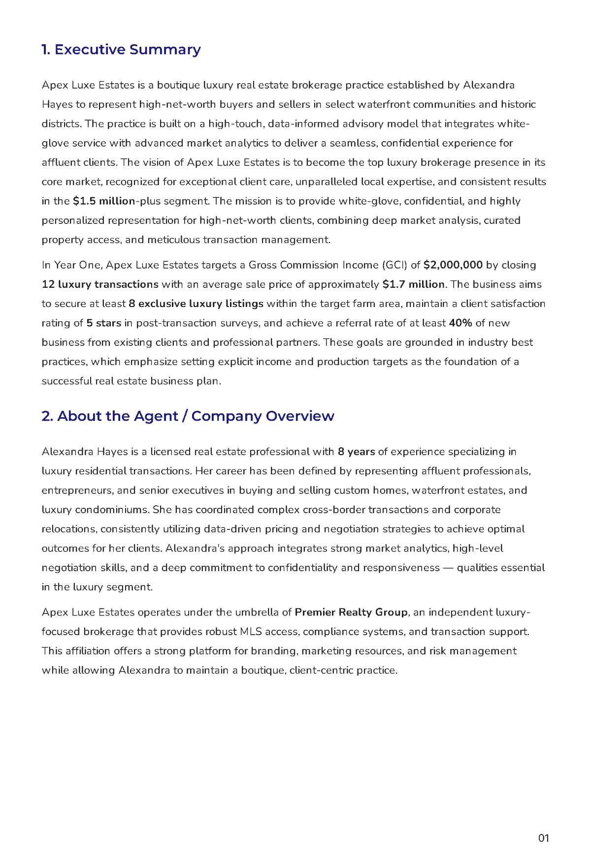 Free Real Estate Agent Business Plan Template to Edit Online
