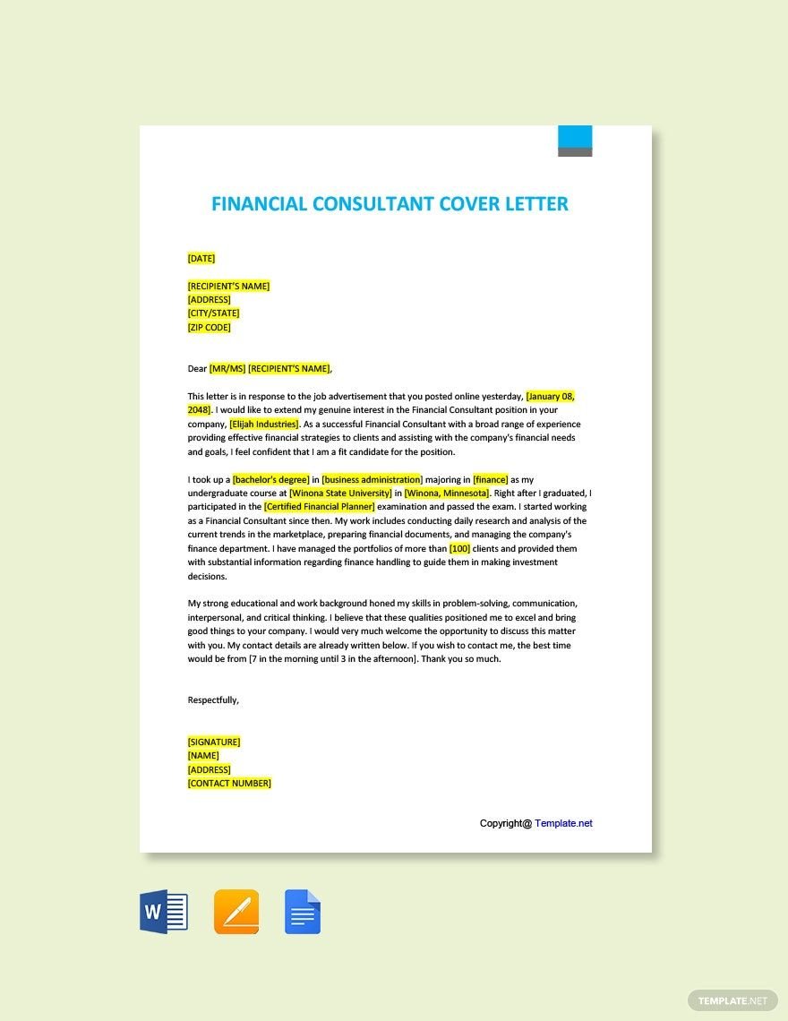 Financial Consultant Cover Letter Template