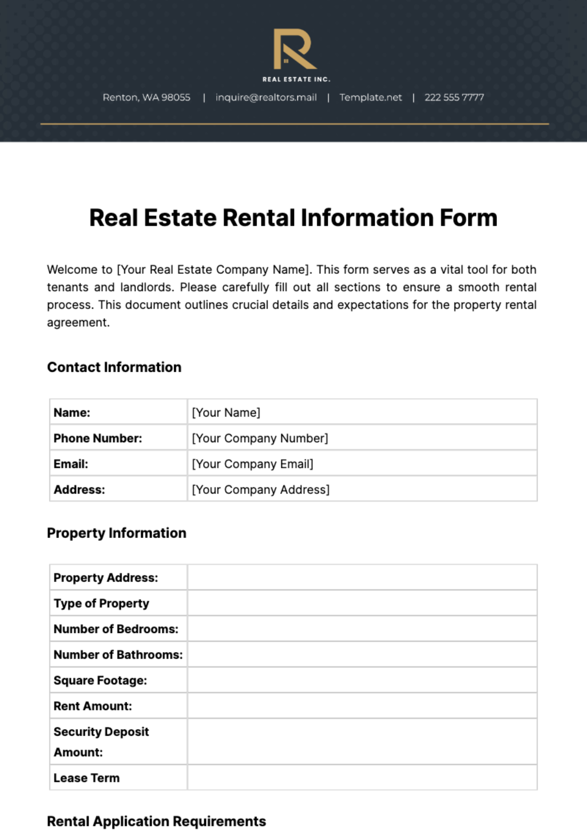 Free Real Estate Rental Information Form Template