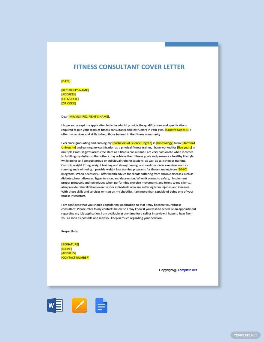 Free Fitness Consultant Cover Letter Template in Word, Google Docs, PDF, Apple Pages