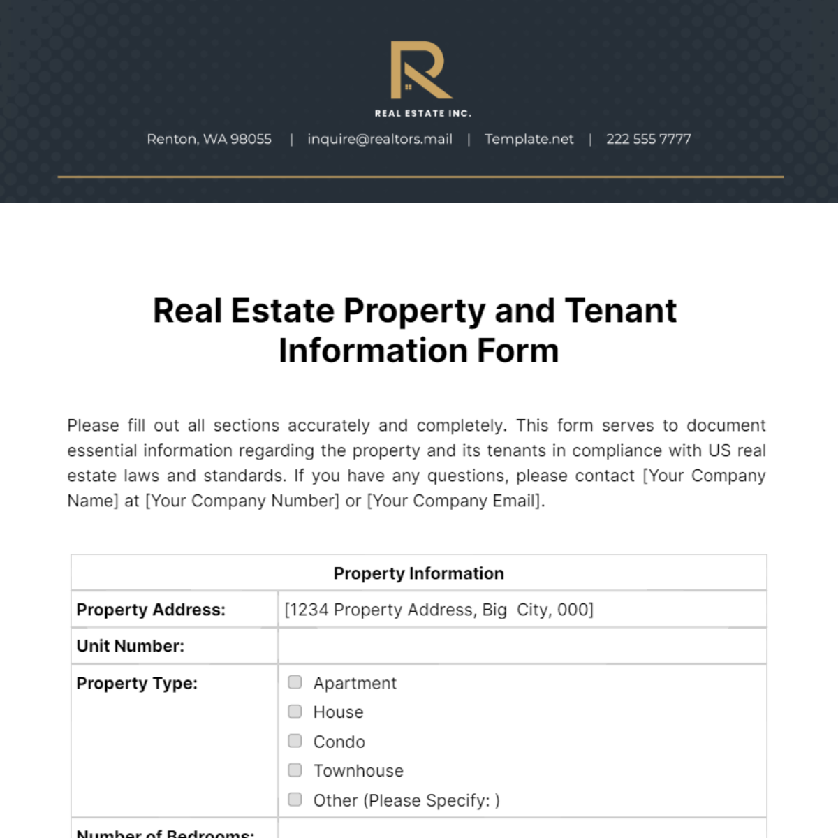 Free Real Estate Property and Tenant Information Form Template