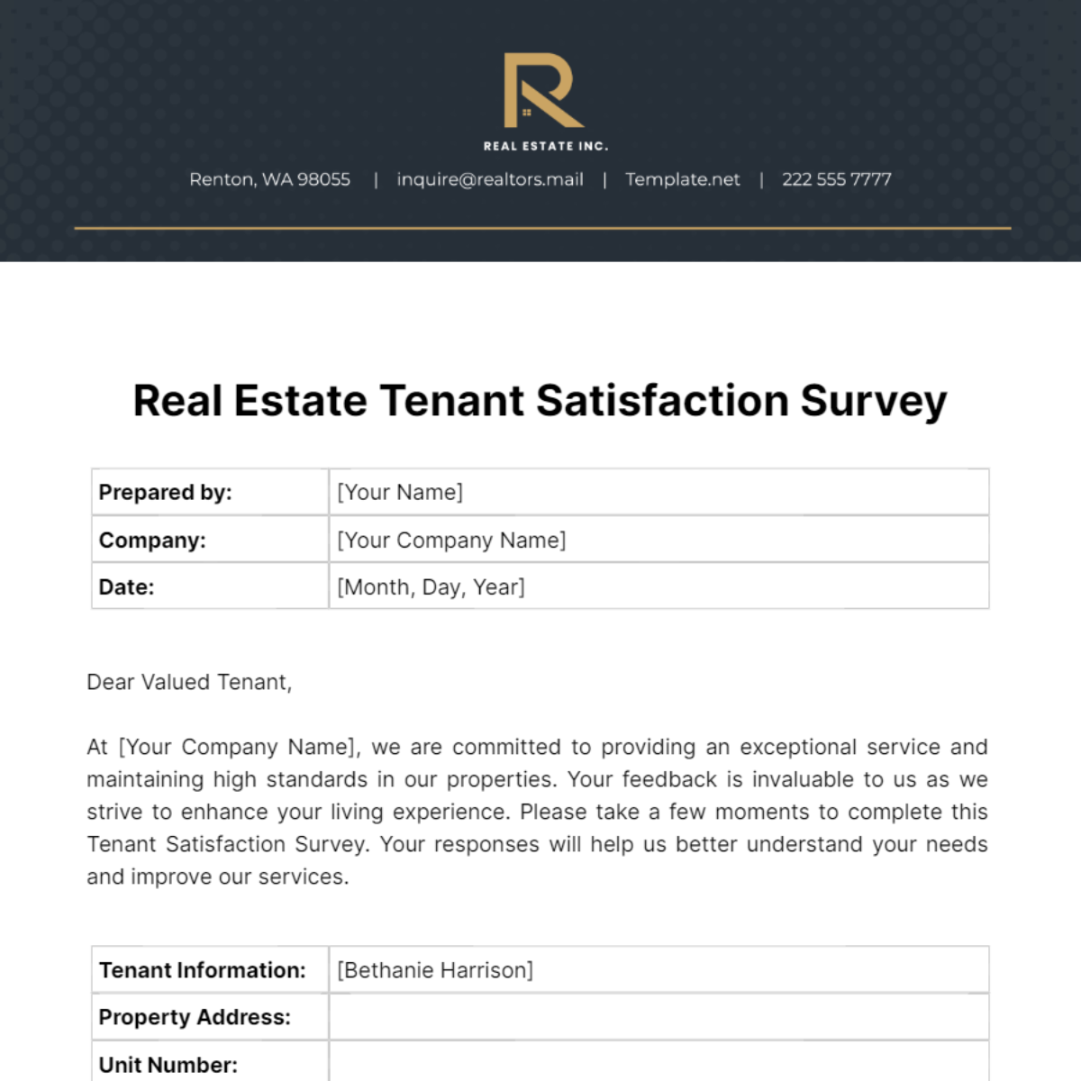 Real Estate Tenant Satisfaction Survey Template - Edit Online & Download