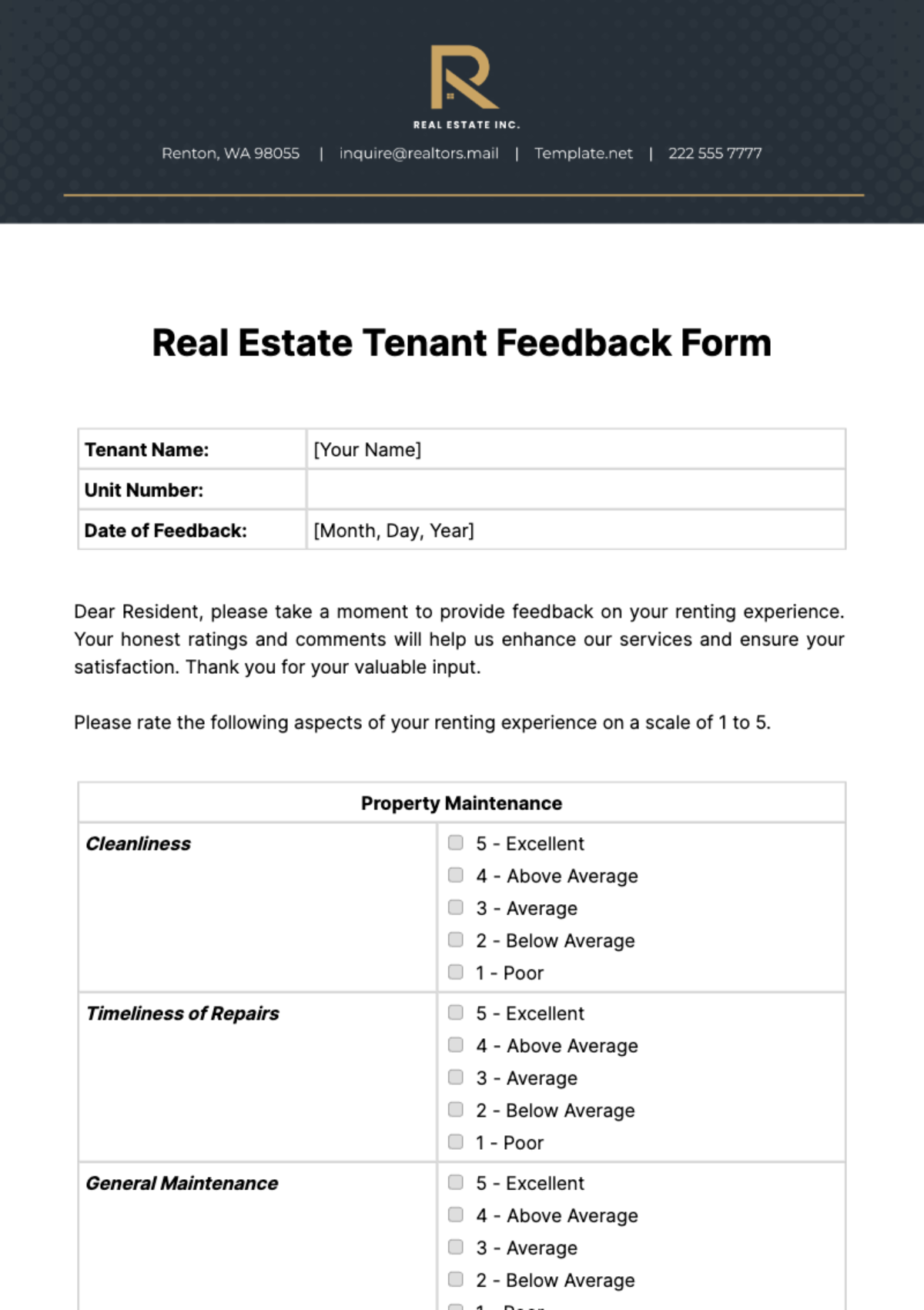 Real Estate Tenant Feedback Form Template