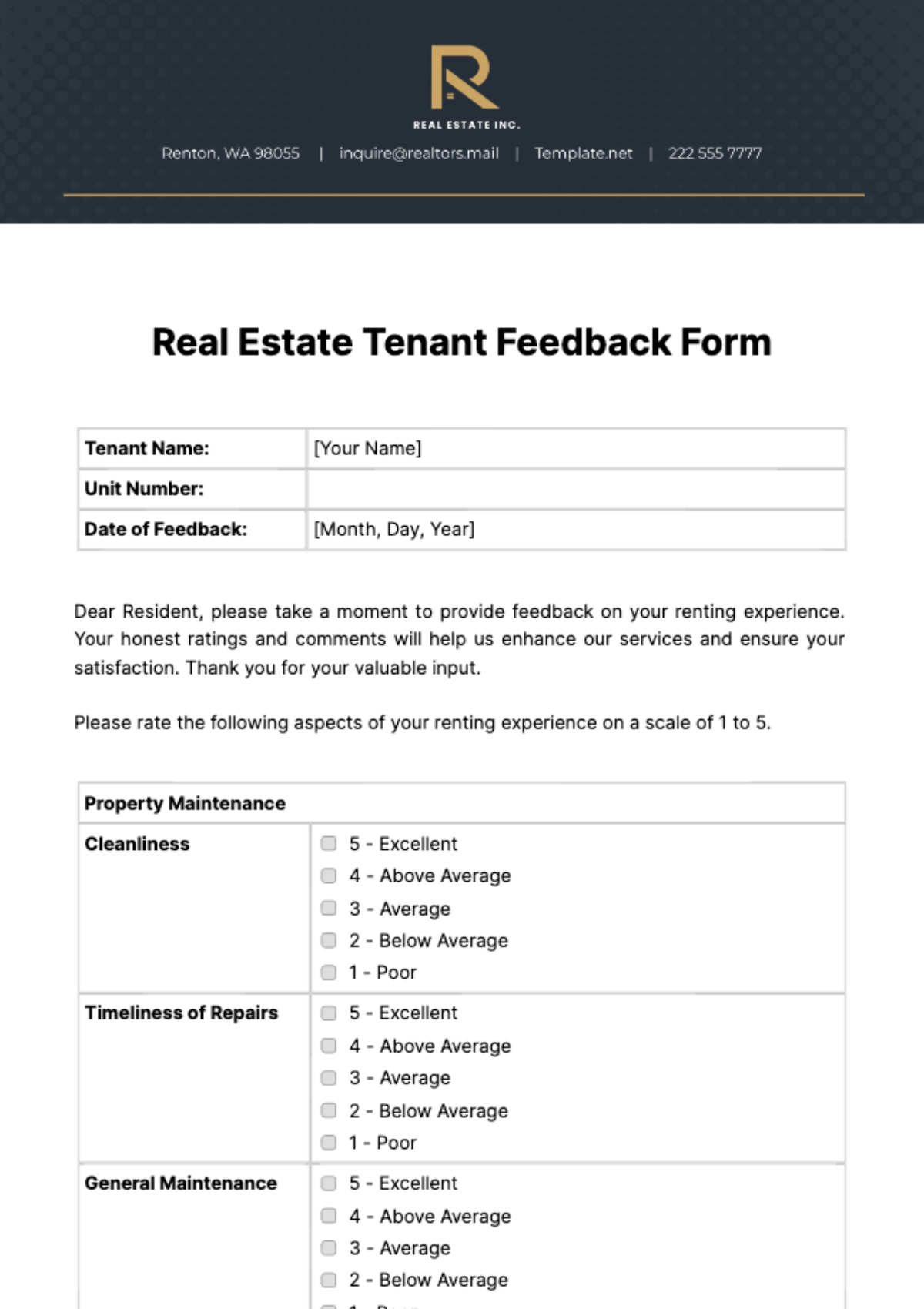Real Estate Tenant Feedback Form Template