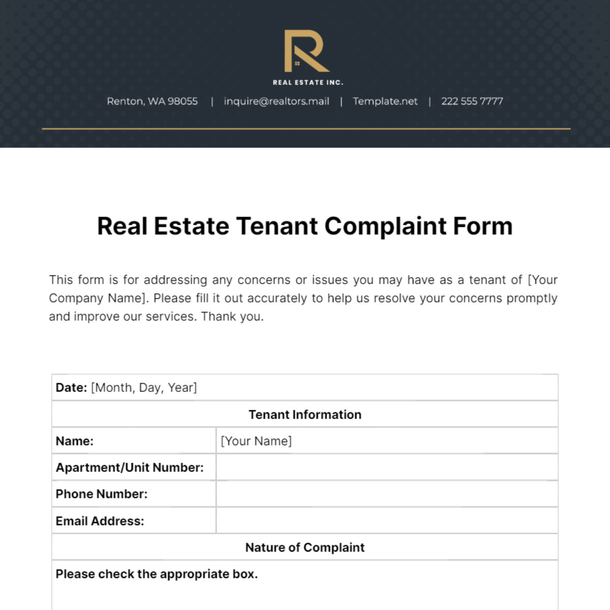 Free Real Estate Tenant Complaint Form Template