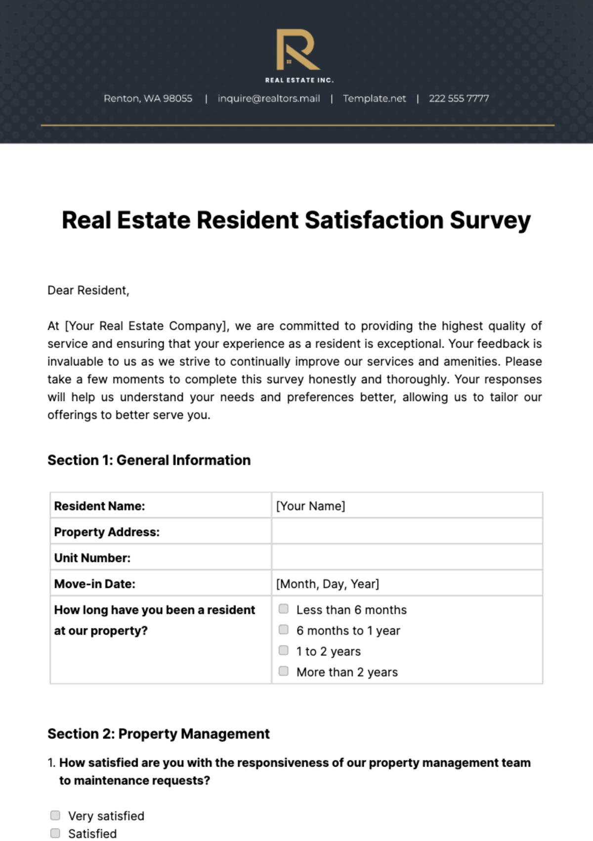 Real Estate Resident Satisfaction Survey Template