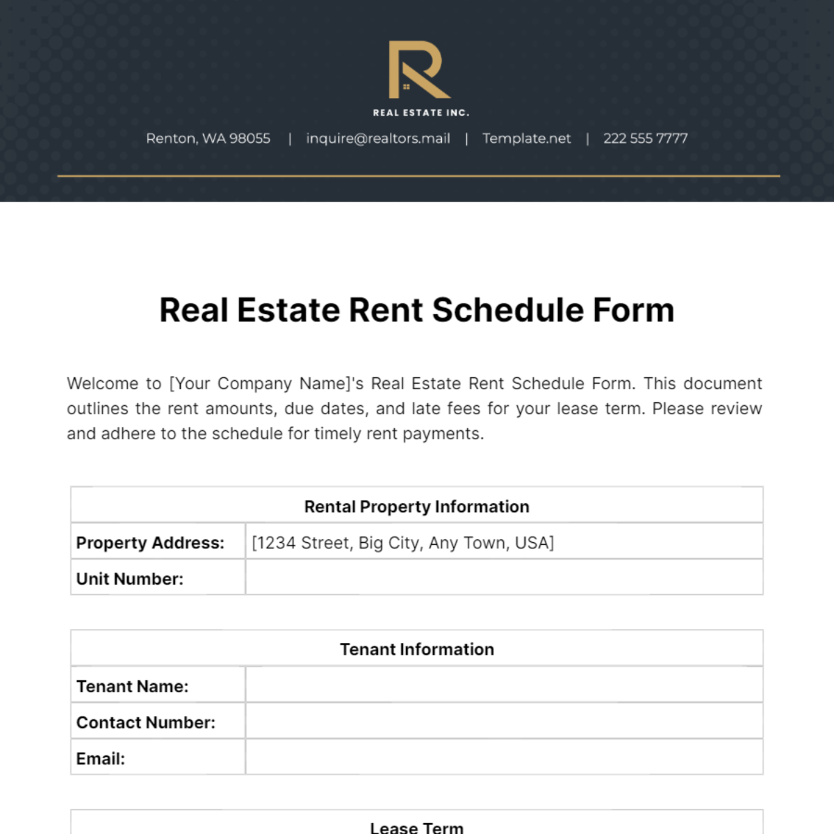 Real Estate Rent Schedule Form Template