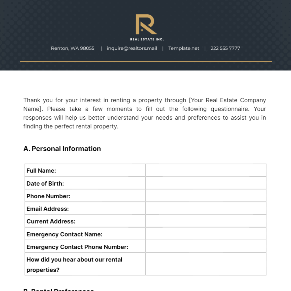 Real Estate Rental Questionnaire Template