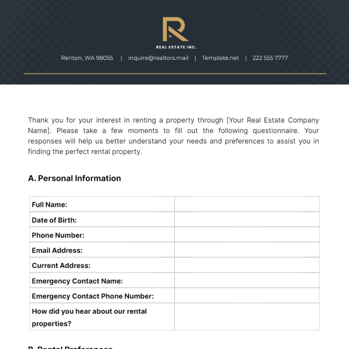 Real Estate Rental Questionnaire Template - Edit Online & Download